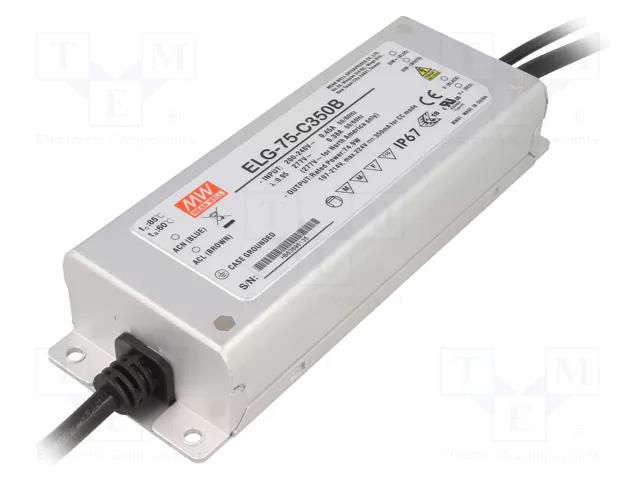 Power supply: switching; LED; 75W; 107÷214VDC; 350mA; 180÷295VAC MEAN WELL ELG-75-C350B