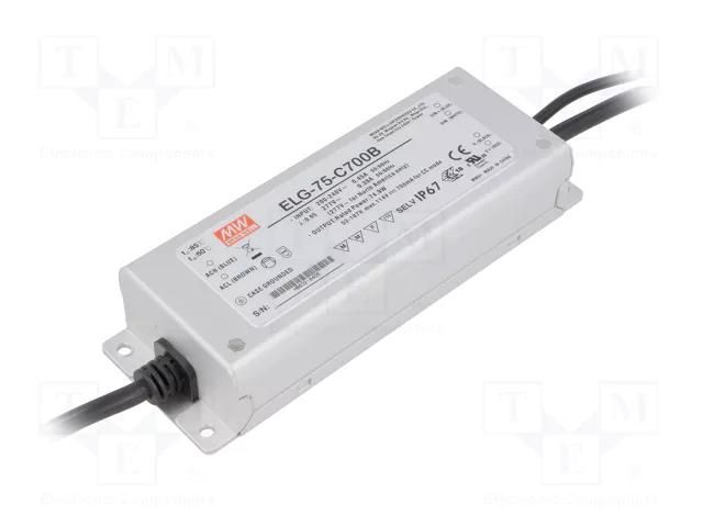 Power supply: switching; LED; 75W; 53÷107VDC; 700mA; 180÷295VAC MEAN WELL ELG-75-C700B