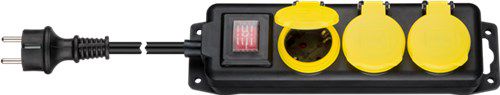 3-Way Extension Lead, Splash-proof, 3 m, black-yellow - 3x safety socket (Type F, CEE 7/3) with protective covers, suitable for outdoor use 45193