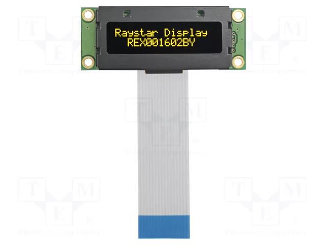 Display: OLED; alphanumeric; 16x2; Dim: 53x20x7.6mm; yellow; PIN: 16 RAYSTAR OPTRONICS REX001602BYPP5N0