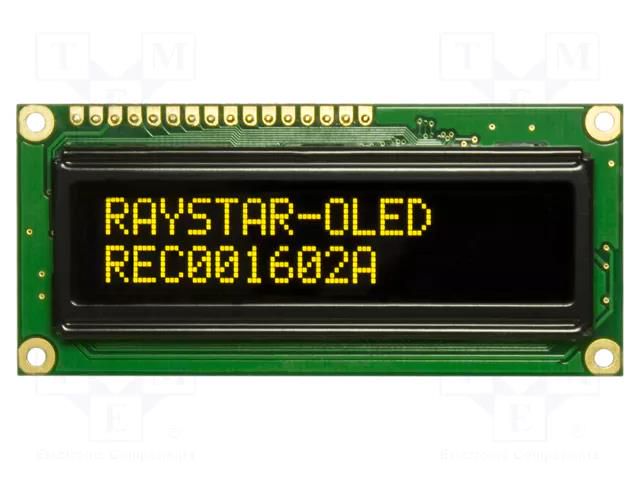 Display: OLED; alphanumeric; 16x2; Dim: 80x36x10mm; yellow; PIN: 16 RAYSTAR OPTRONICS REC001602AYPP5N01