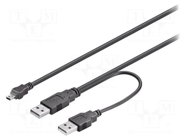 Cable; USB 2.0; USB A plug x2,USB B mini plug; 600mm; black; PVC GOOBAY MUSB-2USB/0.6