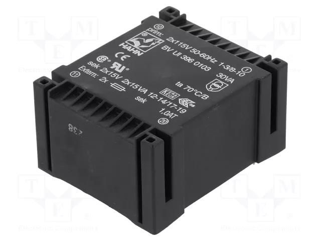 Transformer: encapsulated; 30VA; 115VACx2; 15V; 15V; 1A; 1A; PCB HAHN BVUI3960103