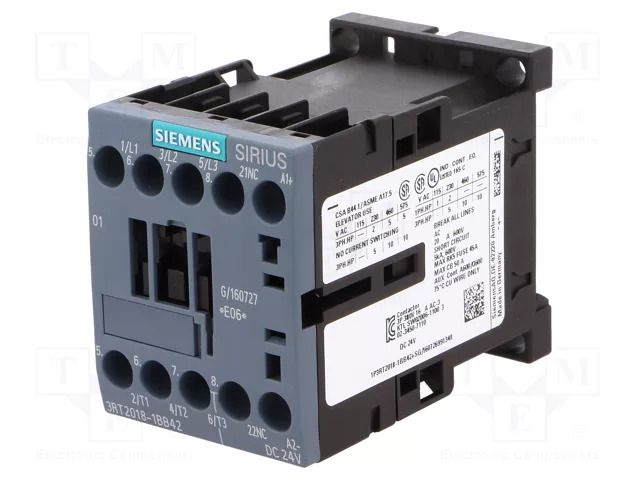 Contactor: 3-pole; NO x3; Auxiliary contacts: NC; 24VDC; 17A; 3RT20 SIEMENS 3RT2018-1BB42
