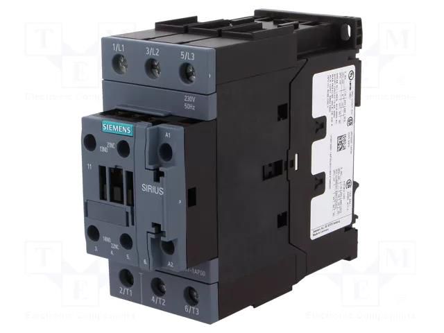 Contactor: 3-pole; NO x3; Auxiliary contacts: NO + NC; 230VAC; 65A SIEMENS 3RT2037-1AP00