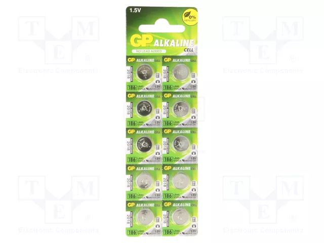 Battery: alkaline; LR43,coin,R1142; 1.5V; non-rechargeable GP BAT-AG12/GP-B10