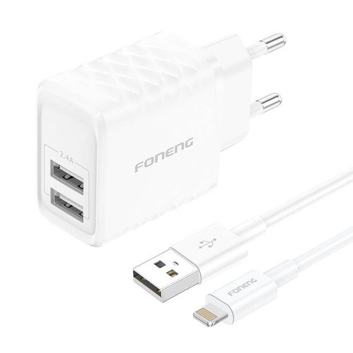 Foneng EU53 20W 2xUSB-A, 2.4A network charger (White) + USB-A toLightning cable, Foneng EU53 iPhone