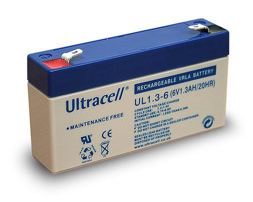 UL lead acid battery 6 V, 1.3 Ah (UL1.3-6), white-blue - Faston (4.8mm) lead acid battery 46711