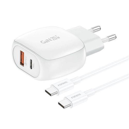 Foneng EU41 USB-C+USB-A 20W power charger + USB-C-USB-C cable (white), Foneng EU41 Type-C to Type-