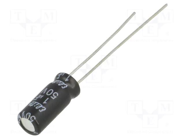Capacitor: electrolytic; THT; 1uF; 50VDC; Ø5x11mm; Pitch: 2mm; ±20% Elite PF1H010MNN0511U