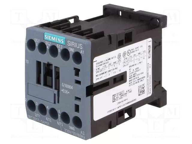 Contactor: 3-pole; NO x3; Auxiliary contacts: NO; 230VAC; 12A; 690V SIEMENS 3RT2017-1AP01