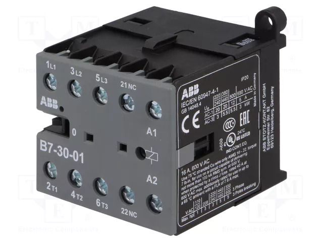 Contactor: 3-pole; NO x3; Auxiliary contacts: NC; 220÷240VAC; 7A ABB B7-30-01-80