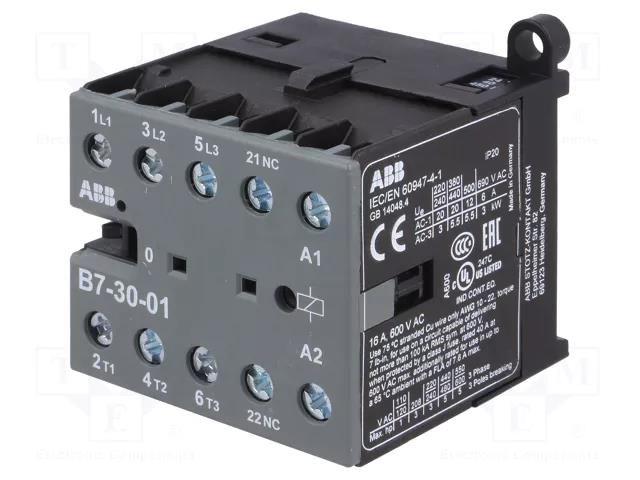 Contactor: 3-pole; NO x3; Auxiliary contacts: NC; 24VAC; 7A; B7 ABB B7-30-01-01