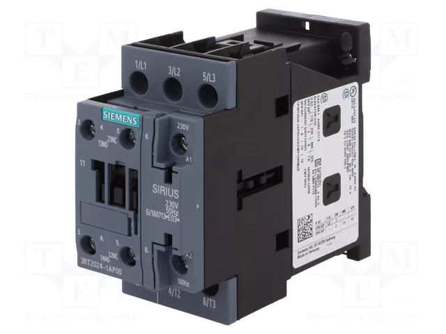 Contactor: 3-pole; NO x3; Auxiliary contacts: NO + NC; 230VAC; 12A SIEMENS 3RT2024-1AP00