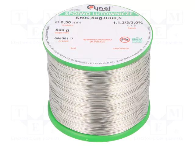 Tin; lead free; Sn96,5Ag3Cu0,5; 500um; 500g; reel; 217÷220°C; 3% CYNEL SAC305-0.5/0.5