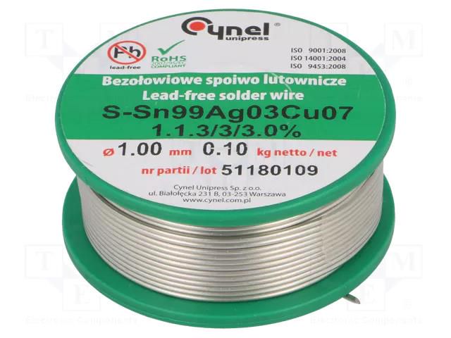 Tin; lead free; Sn99Ag0,3Cu0,7; 1mm; 100g; reel; 216÷227°C; 3% CYNEL SAC0307-1.0/0.1