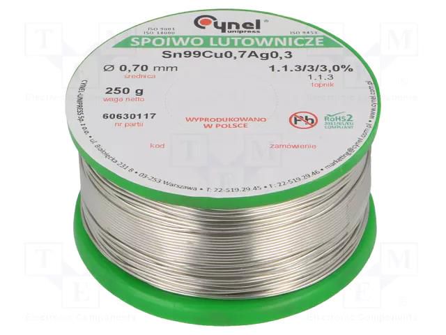 Tin; lead free; Sn99Ag0,3Cu0,7; 700um; 250g; reel; 216÷227°C; 3% CYNEL SAC0307-0.7/0.25