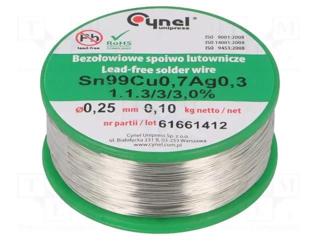 Tin; lead free; Sn99Ag0,3Cu0,7; 0.25mm; 100g; reel; 216÷227°C; 3% CYNEL SAC0307-0.25/0.1