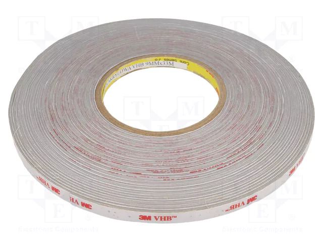 Tape: fixing; W: 9mm; L: 33m; Thk: 0.6mm; acrylic; grey 3M 3M-4936-9-33