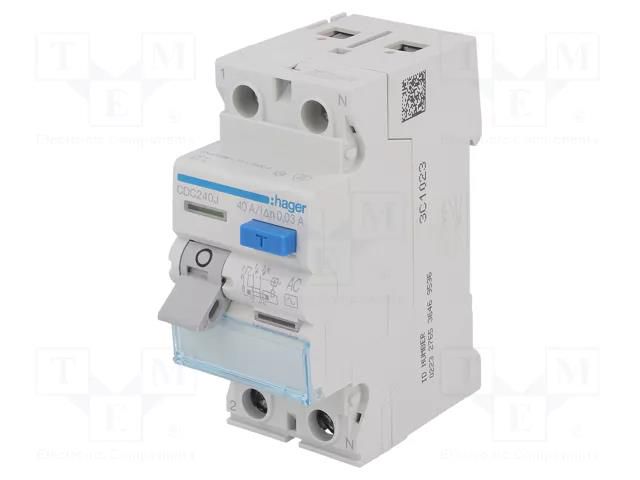 RCD breaker; Inom: 40A; Ires: 30mA; Max surge current: 250A; 240VAC HAGER CDC240J