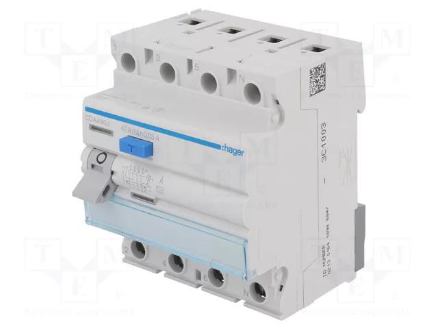 RCD breaker; Inom: 40A; Ires: 30mA; Max surge current: 250A; IP20 HAGER CDA440J