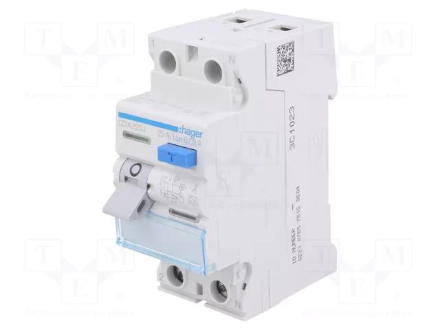 RCD breaker; Inom: 25A; Ires: 30mA; Max surge current: 250A; 240VAC HAGER CDA225J