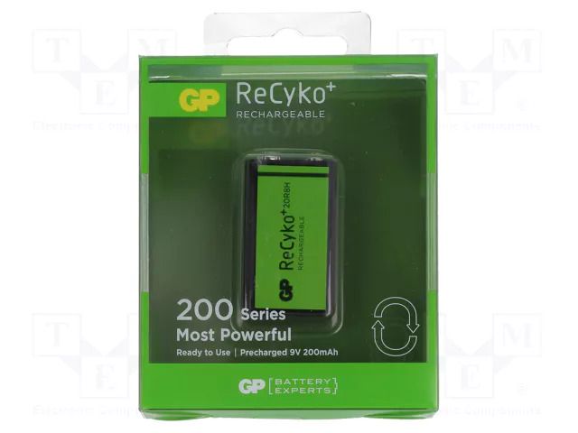 Re-battery: Ni-MH; 6F22; 8.4V; 200mAh; ReCyko+; 26.5x15.7x48.5mm GP ACCU-6F22/GP-RE