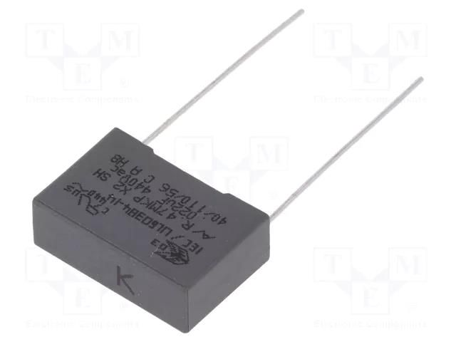 Capacitor: polypropylene; X2; R47 X2; 22nF; 18x6x12mm; THT; ±10% KEMET R474I22205001K