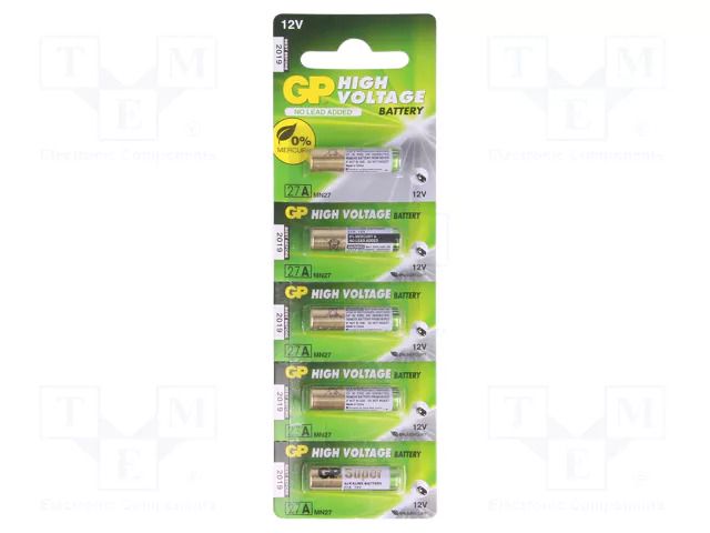 Battery: alkaline; 27A,8LR50,A27,MN27; 12V; non-rechargeable GP BAT-27A-B5