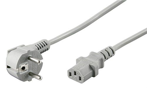 Angled IEC Cord, 2 m, Grey, (3*0.75 mm²), 2 m - safety plug hybrid (type E/F, CEE 7/7) 90° > Device socket C13 (IEC connection) 50076