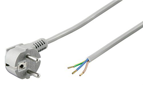 Angled Protective Contact Cable for Assembly, 2 m, Grey, (3*0.75 mm²), 2 m - safety plug hybrid (type E/F, CEE 7/7) 90° > Loose cable ends 50082