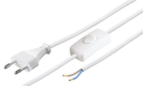 Cable with Euro Plug for Assembly - with Switch, 1.5 m, White, (2*0.75 mm²), white - Europlug (Type C CEE 7/16) > Loose cable ends 51349