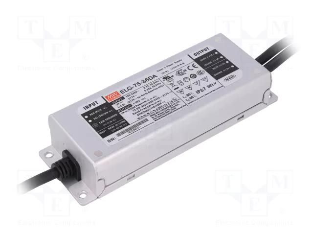 Power supply: switching; LED; 75W; 36VDC; 2.1A; 100÷305VAC; IP67 MEAN WELL ELG-75-36DA