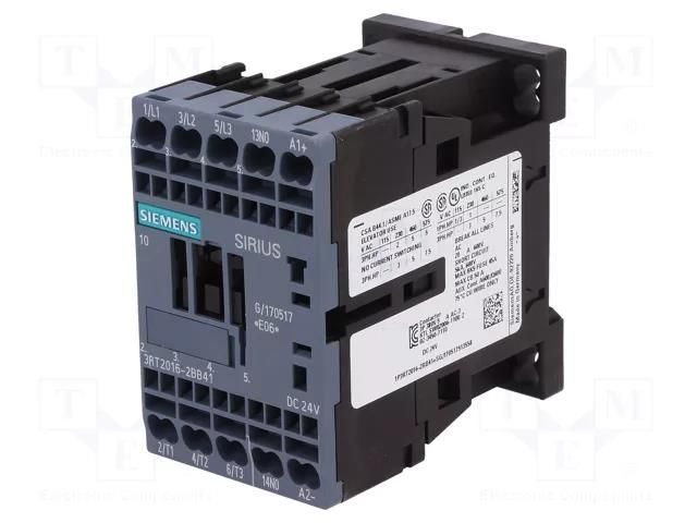 Contactor: 3-pole; NO x3; Auxiliary contacts: NO; 24VDC; 9A; 3RT20 SIEMENS 3RT2016-2BB41