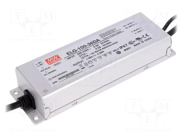 Power supply: switching; LED; 100W; 36VDC; 2.66A; 100÷305VAC; IP67 MEAN WELL ELG-100-36DA