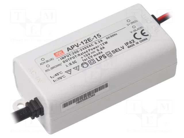 Power supply: switching; LED; 12W; 15VDC; 0.8A; 180÷264VAC; IP42 MEAN WELL APV-12E-15