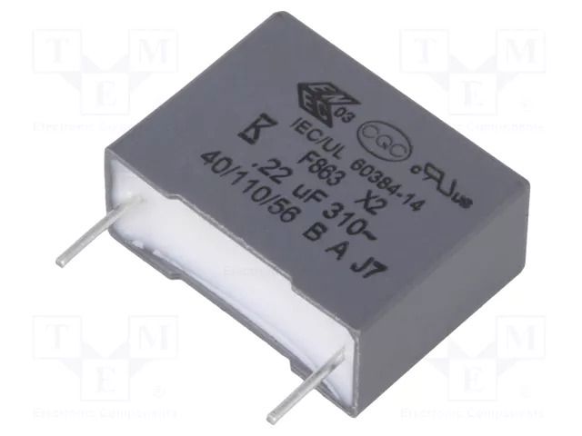 Capacitor: polypropylene; X2; F863; 0.22uF; 310VAC; 18x13.5x7.5mm KEMET F863BK224K310Z