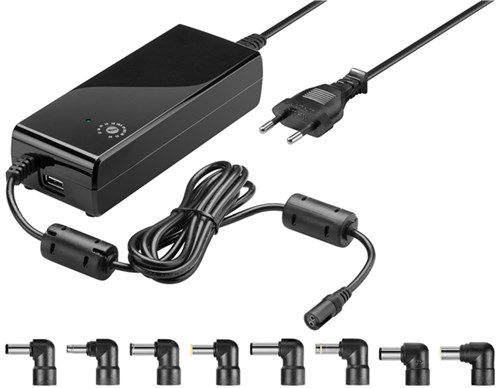 Notebook Power Supply 90 W, black, 1.6 m - incl. 8x DC adapters and 1x USB-A socket, 12 V - 22 V up to max. 4 A 55001