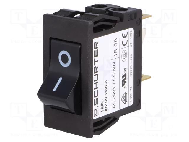 Circuit breaker; Urated: 240VAC; 60VDC; 15A; DPST; Poles: 2; SNAP-IN SCHURTER TA45-ABDBL150C0