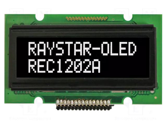 Display: OLED; alphanumeric; 12x2; Dim: 55.7x32x11mm; white; PIN: 15 RAYSTAR OPTRONICS REC001202AWPP5N01