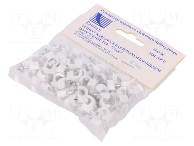 Holder; white; on round cable; 100pcs; with a nail; 6mm PAWBOL PW-H.7004A-100