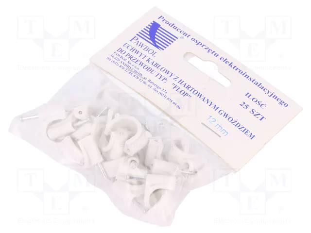 Holder; white; on round cable; 25pcs; with a nail; 12mm PAWBOL PW-H.7009A-25