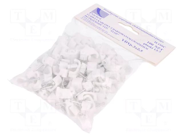 Holder; white; for flat cable,YDYp 3x2,5; 100pcs; with a nail PAWBOL PW-H.7018A-100