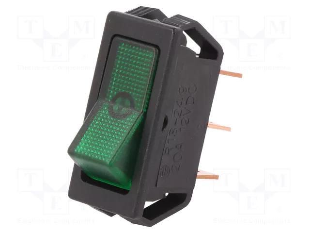 ROCKER; SPST; Pos: 2; ON-OFF; 20A/12VDC; green; neon lamp; 50mΩ SCI R13-249B-01-BG