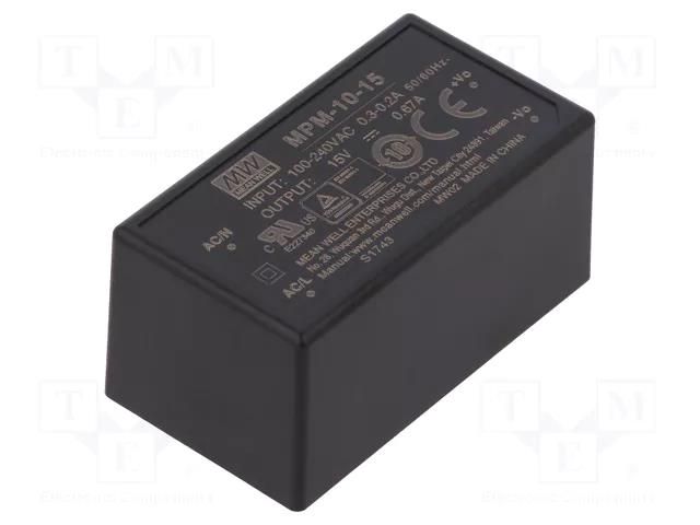 Converter: AC/DC; 10W; Uin: 80÷264VAC; 15VDC; Iout: 670mA; OUT: 1; 83% MEAN WELL MPM-10-15