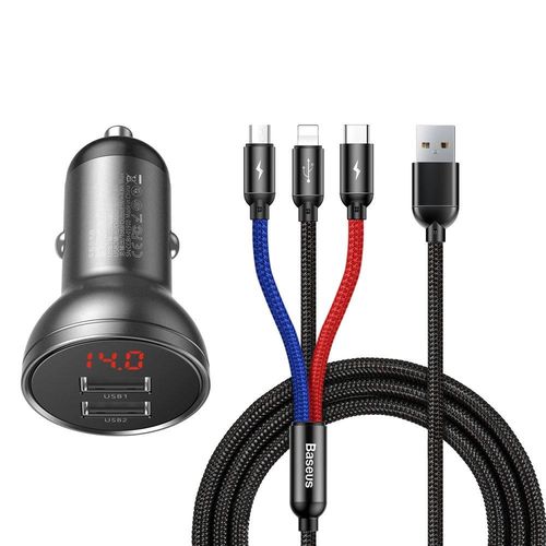 Baseus 2x USB 4.8A 24W car charger with LCD + 3in1 cable USB - USB Type C / micro USB / Lightning 1.2m black (TZCCBX-0G), Baseus 6953156215405 6953156215405