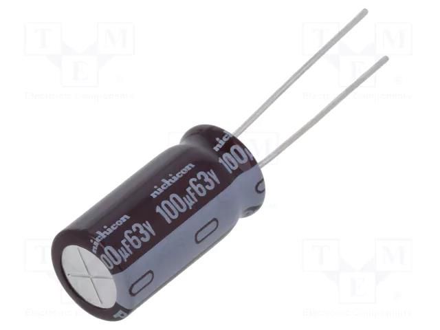 Capacitor: electrolytic; low ESR; THT; 100uF; 63VDC; Ø10x20mm; ±20% NICHICON UPM1J101MPD