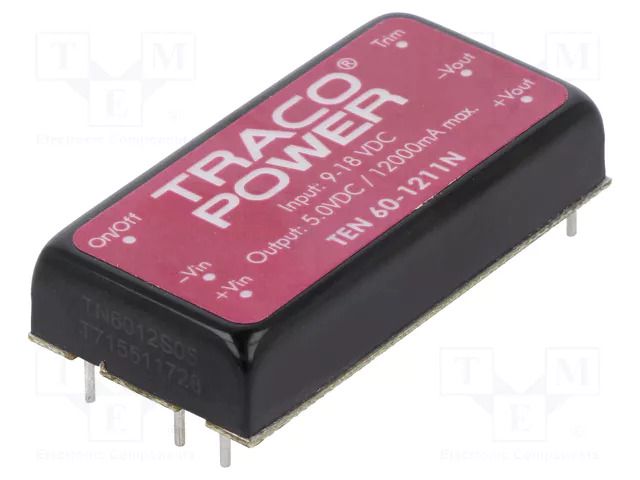 Converter: DC/DC; 60W; Uin: 9÷18VDC; Uout: 5VDC; Iout: 12A; 2"x1"; PCB TRACO POWER TEN60-1211N