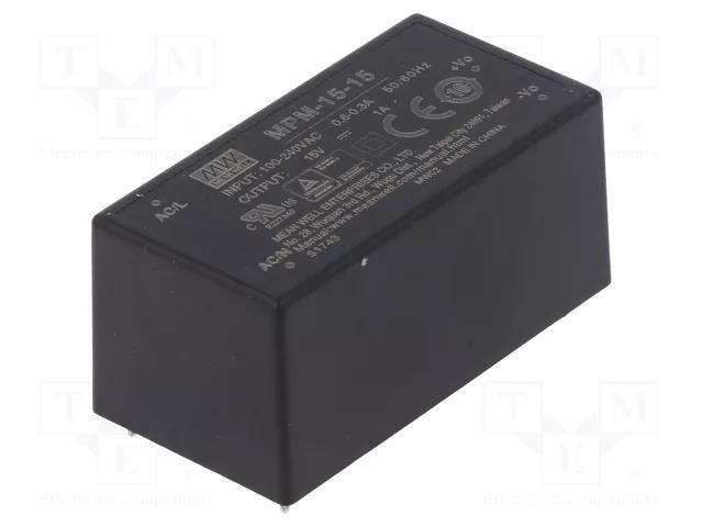 Converter: AC/DC; 15W; Uin: 80÷264VAC; 15VDC; Iout: 1A; OUT: 1; 87% MEAN WELL MPM-15-15
