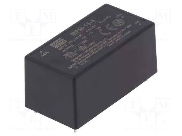 Converter: AC/DC; 15W; Uin: 80÷264VAC; 5VDC; Iout: 3A; OUT: 1; 85.5% MEAN WELL MPM-15-5